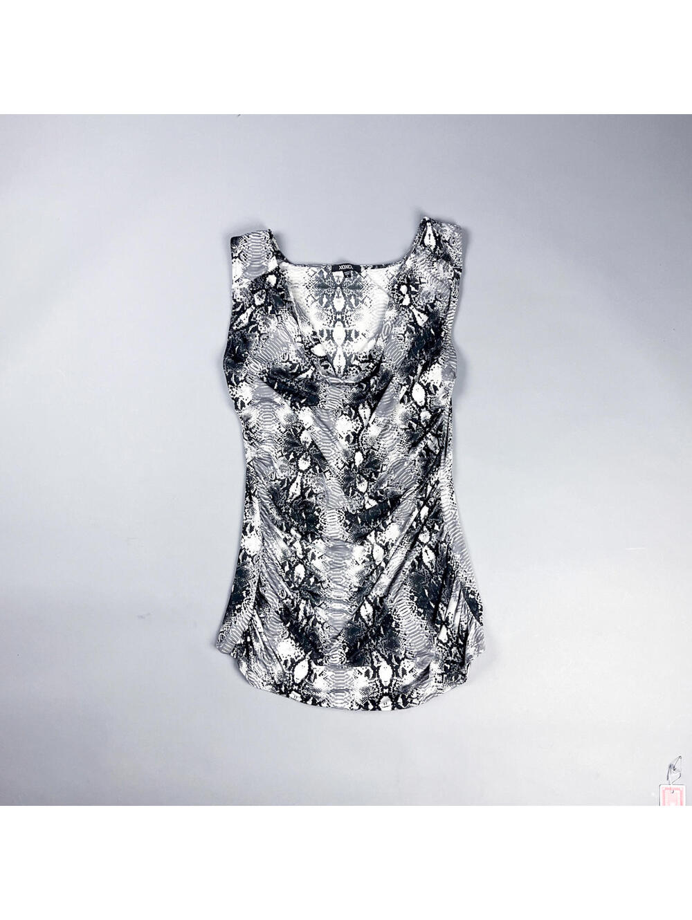 Y2K Cowl Neck Bodycon Mini Dress with Black and White Snake Print, Sleeveless